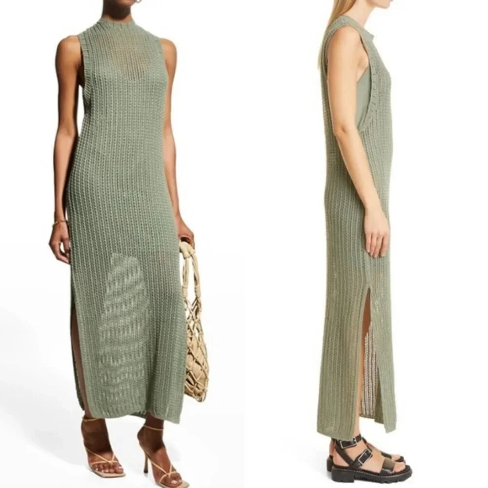 NEW Rag and Bone Riley Crochet Knit Split Hem Maxi Dress Sage Green Size XL Boho - Picture 3 of 15